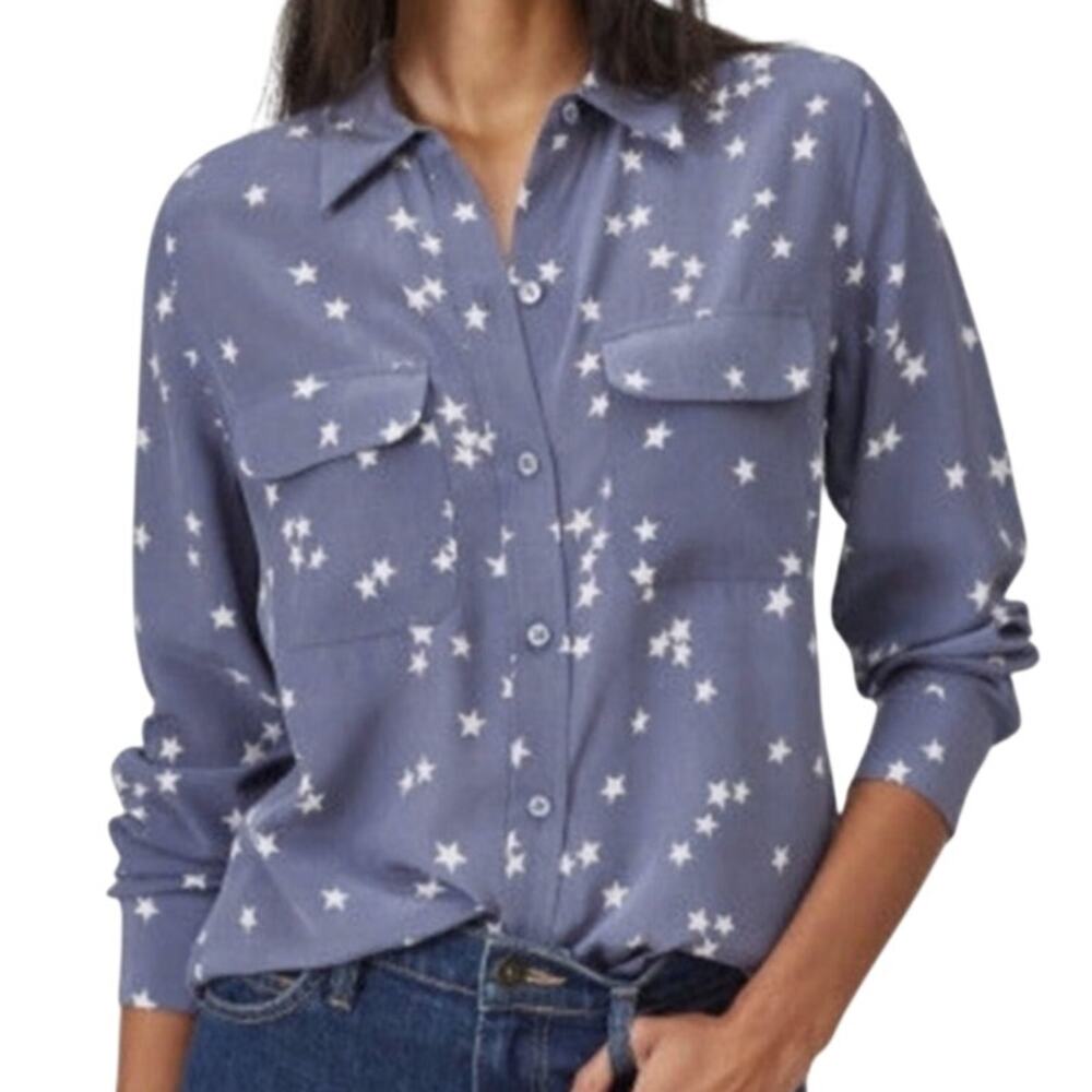 Equipment Slim Signature Silk Shirt L Bluestone Star Print Celestial Quiet Money - Picture 3 of 16